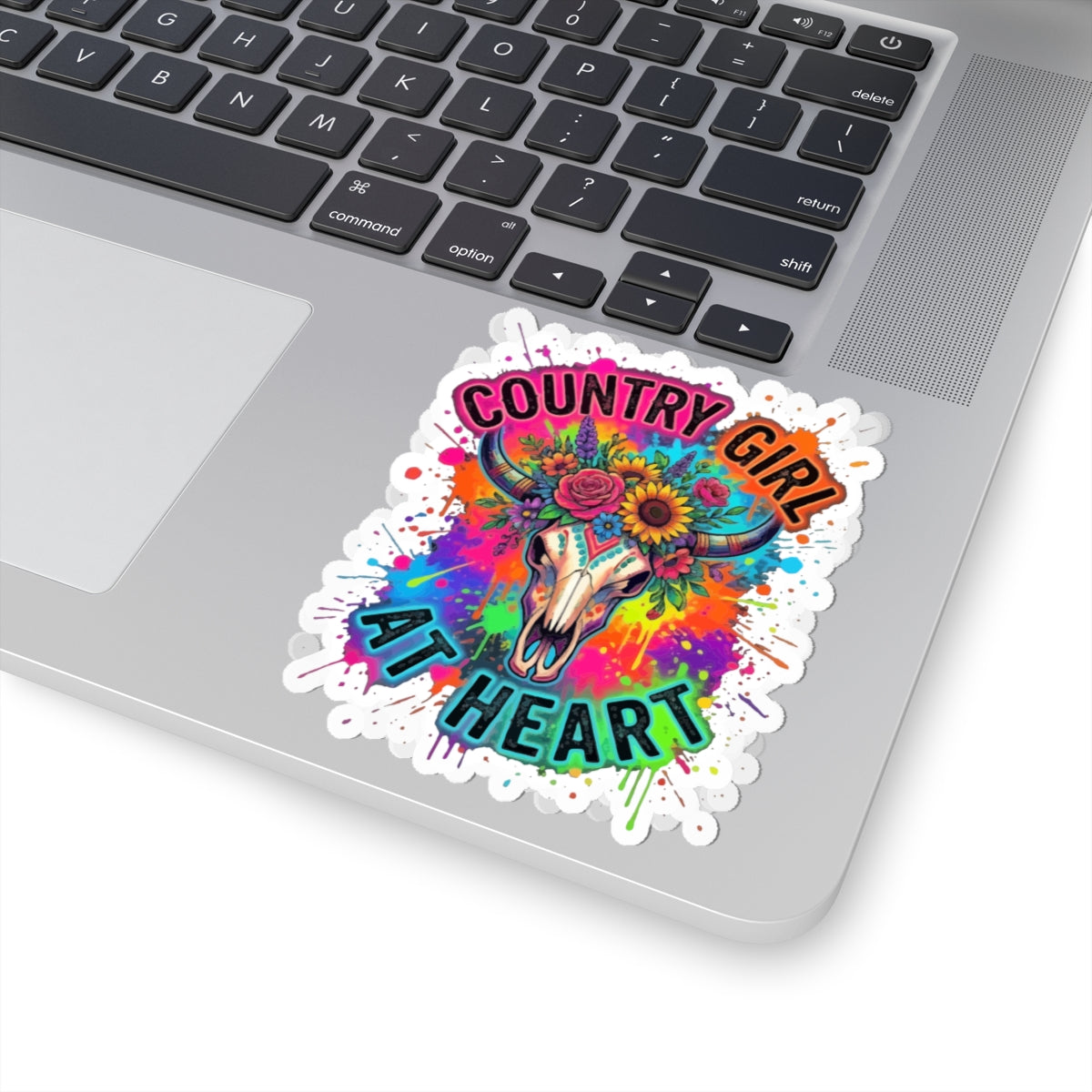Country Girl At Heart Kiss-Cut Sticker — Colorful Floral Steer Skull Decal