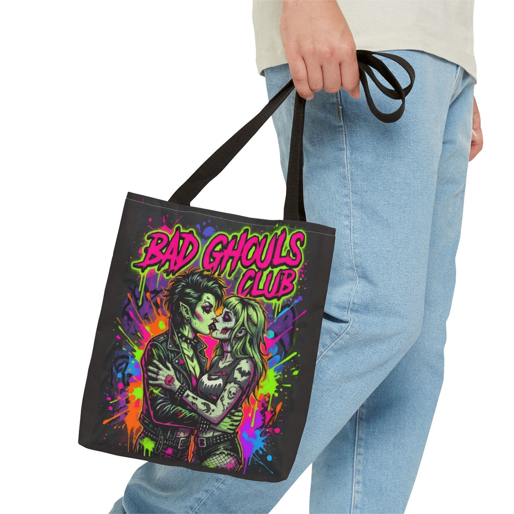 Bad Ghouls Club Tote Bag — Neon Goth Zombie Couple Graphic Tote