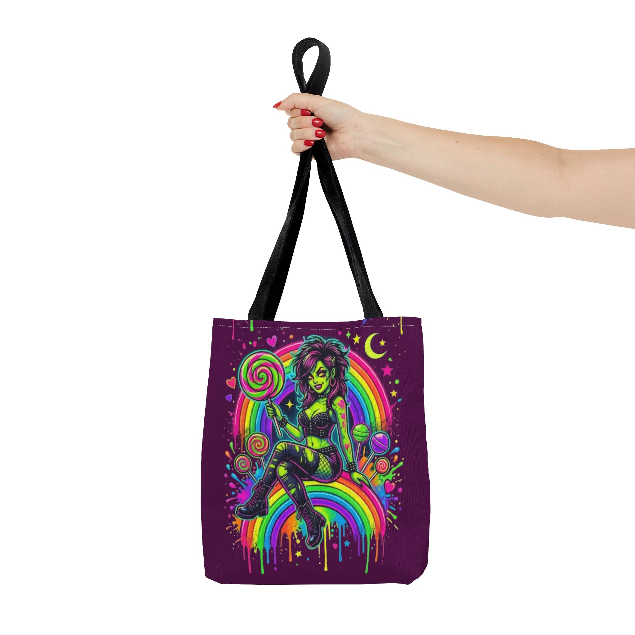 Neon Pinup Witch Rainbow Tote Bag — Candy Goth All-Over Print