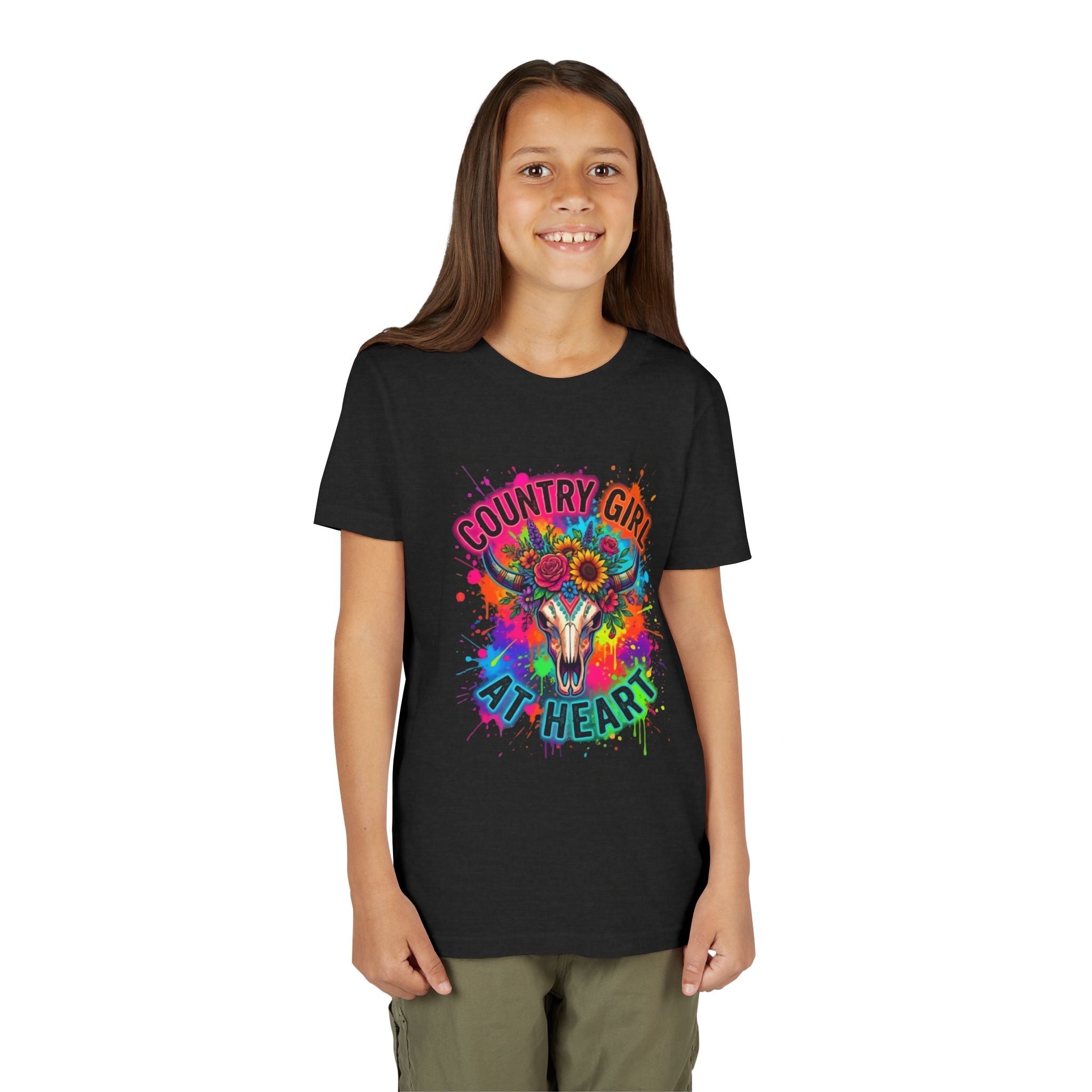 Youth Tee — "Country Girl at Heart" Colorful Cow Skull Graphic