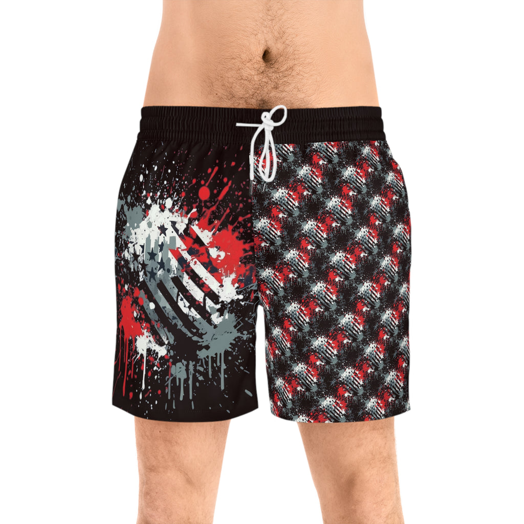 Men's American Flag Grunge Swim Shorts — Red, White & Black Mid-Length