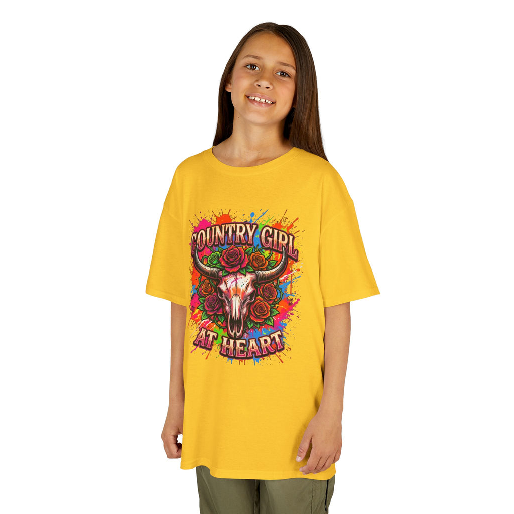 Kids T-Shirt — "Country Girl at Heart" Colorful Cow Skull Tee