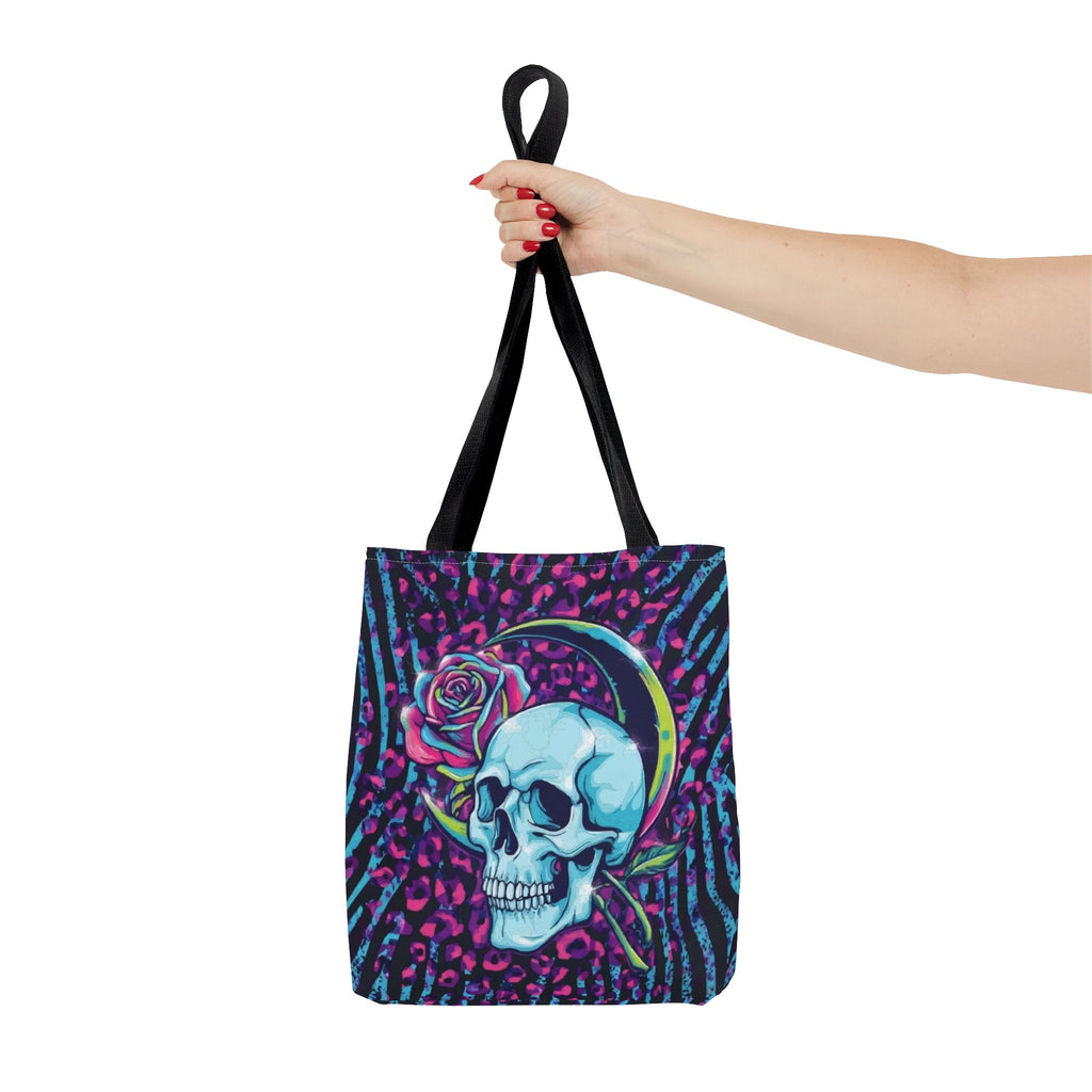 Skull & Rose Tote Bag — Neon Gothic Crescent Moon AOP Tote