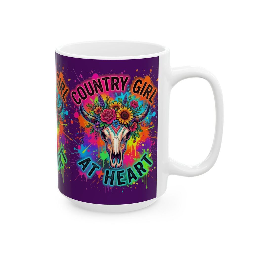 Country Girl At Heart Ceramic Mug — Colorful Floral Cow Skull Coffee Cup (11oz, 15oz)