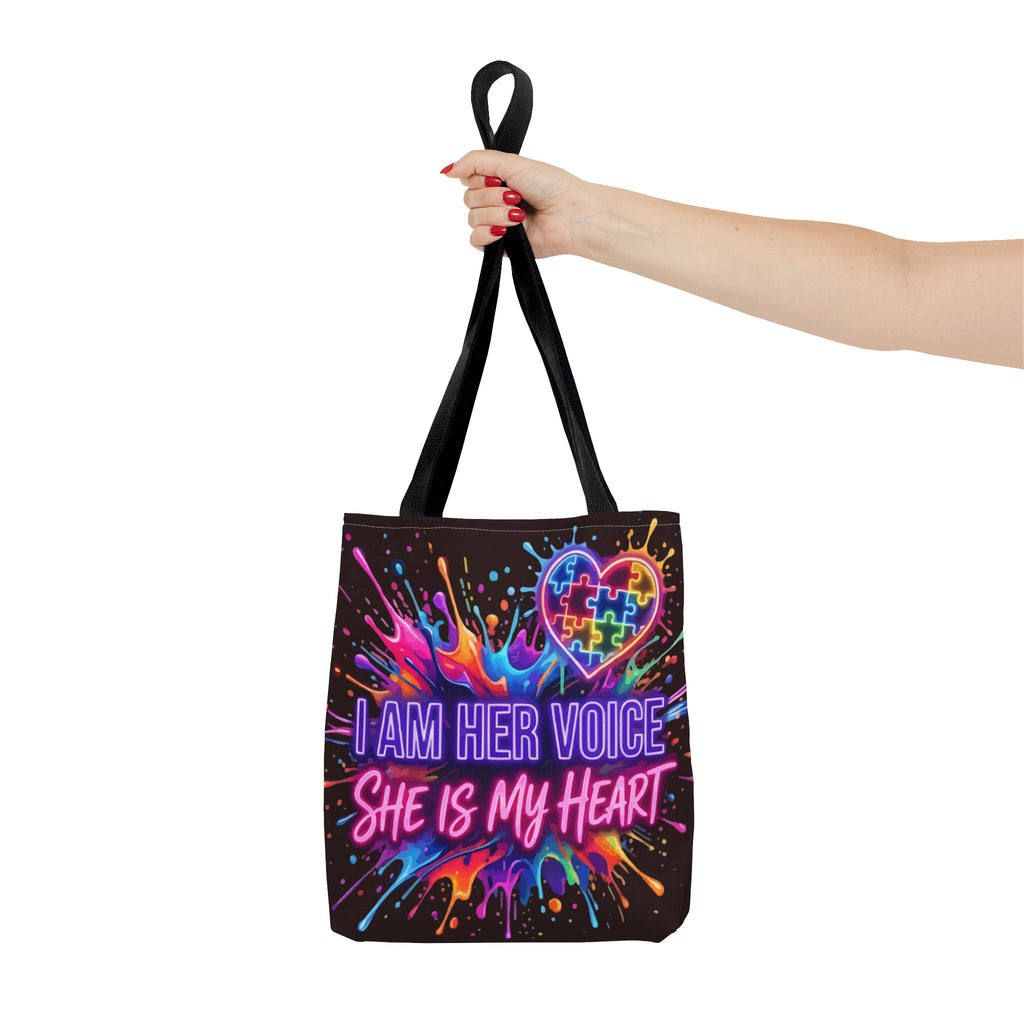 Autism Awareness Tote Bag - "I Am Her Voice, She Is My Heart" Colorful Puzzle Heart Carryall
