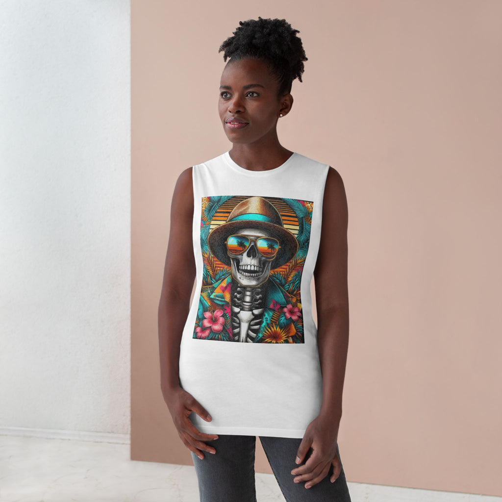 Skeleton Sun Hat Tank Top — Tropical Day of the Dead Skull Graphic Tank