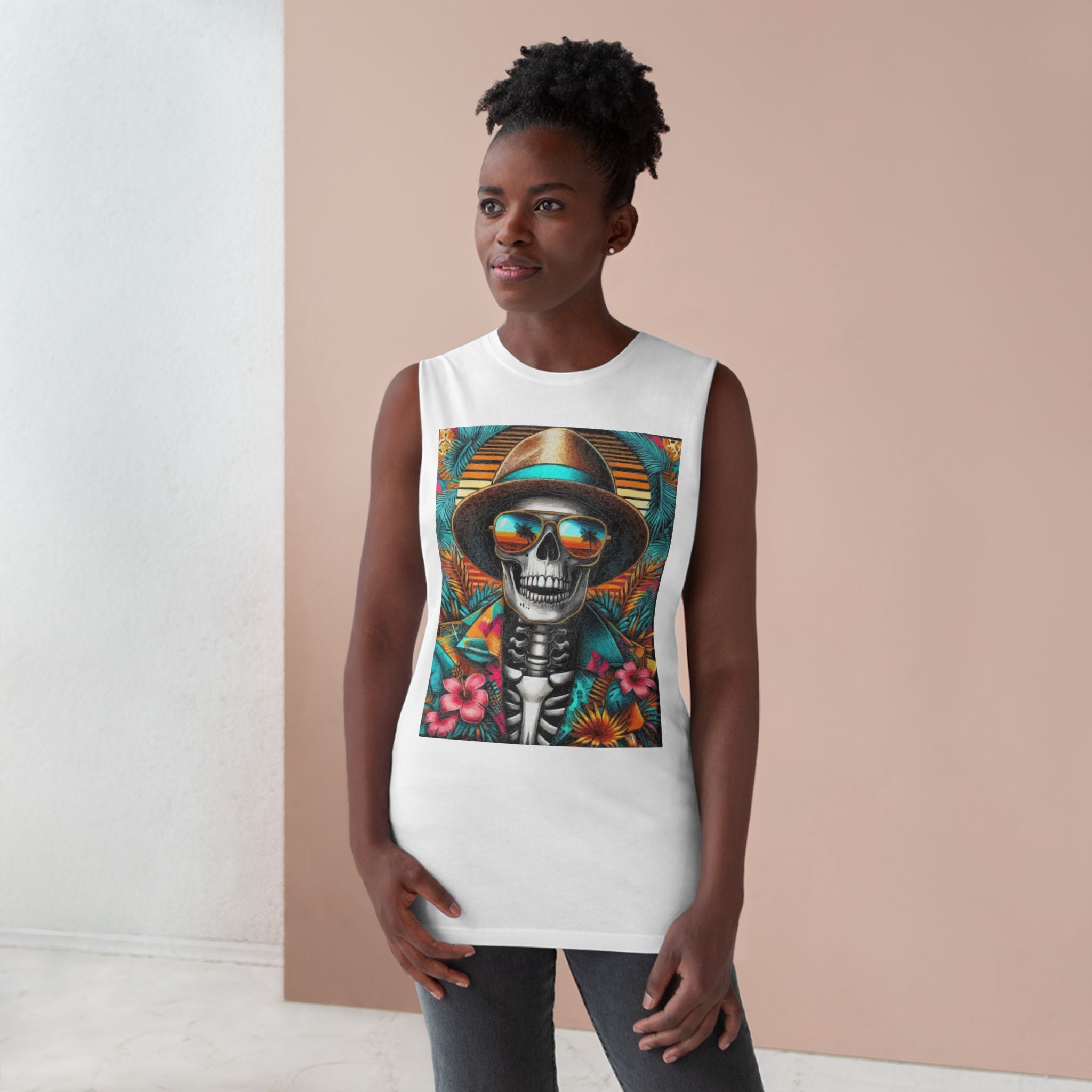 Skeleton Sun Hat Tank Top — Tropical Day of the Dead Skull Graphic Tank