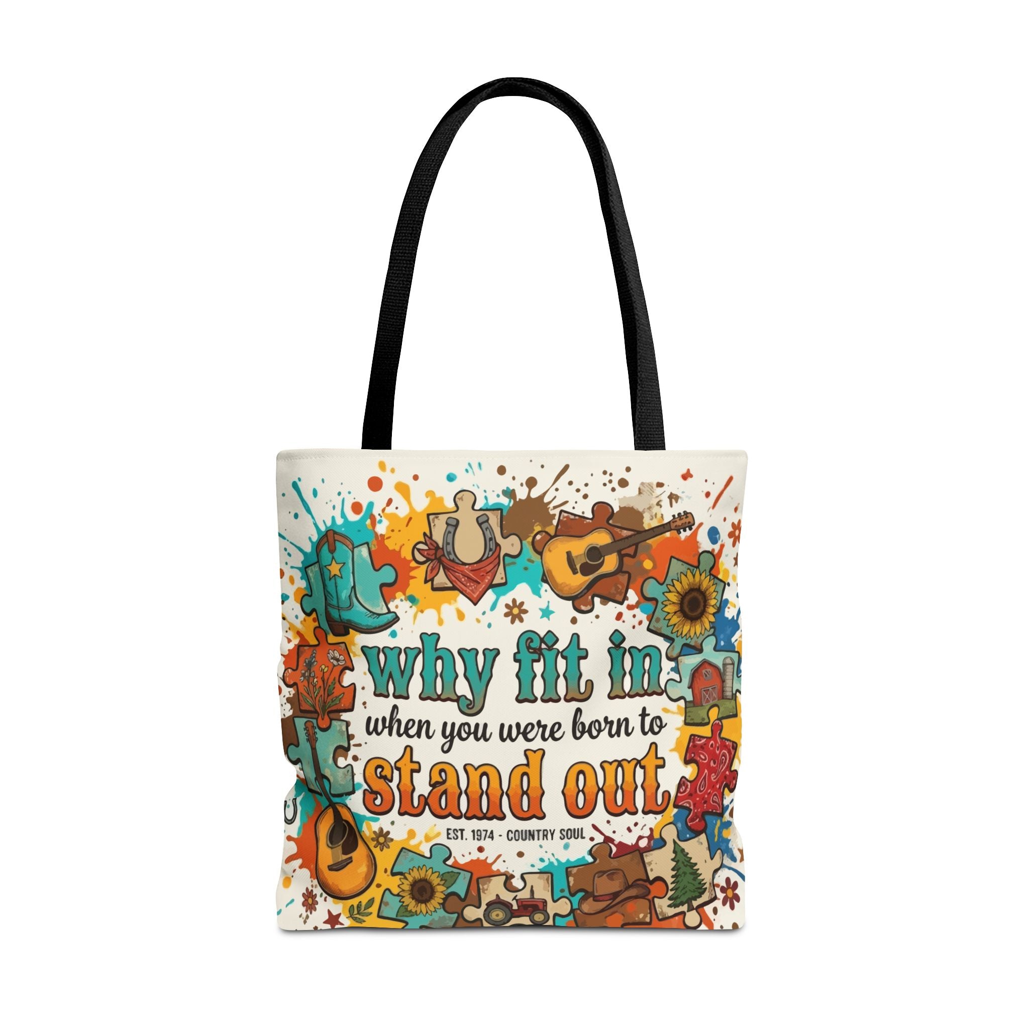 Stand Out Tote Bag — "Why Fit In When You Were Born to Stand Out" Colorful Boho Guitar Design