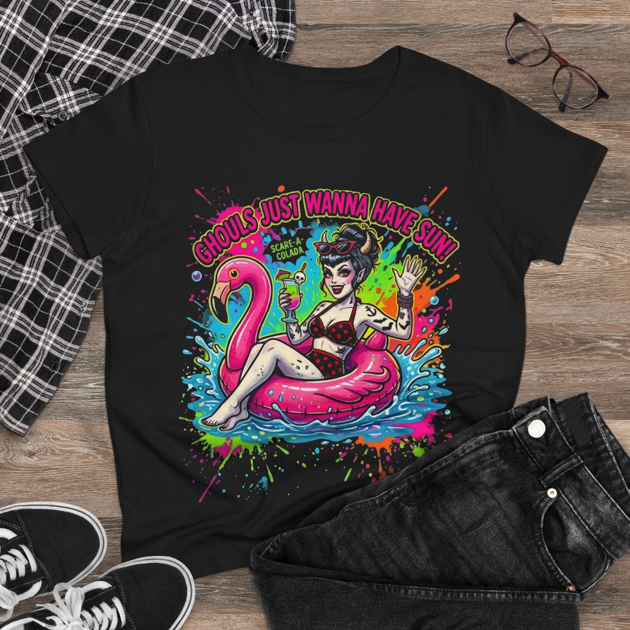 Ghoul's Just Wanna Have Sun Tee — Retro Pinup Goth Flamingo Summer Shirt