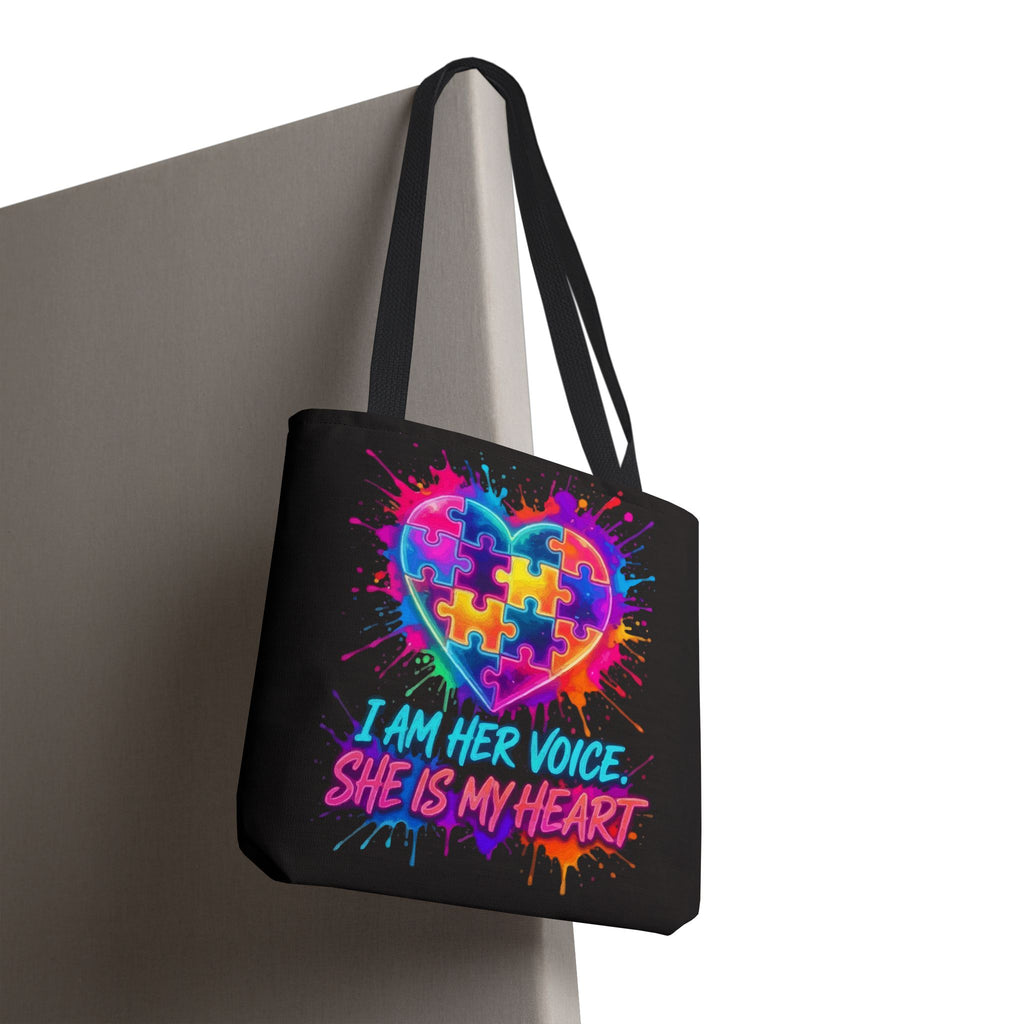 Autism Awareness Heart Tote Bag — "I Am Her Voice, She Is My Heart" Colorful Puzzle Design
