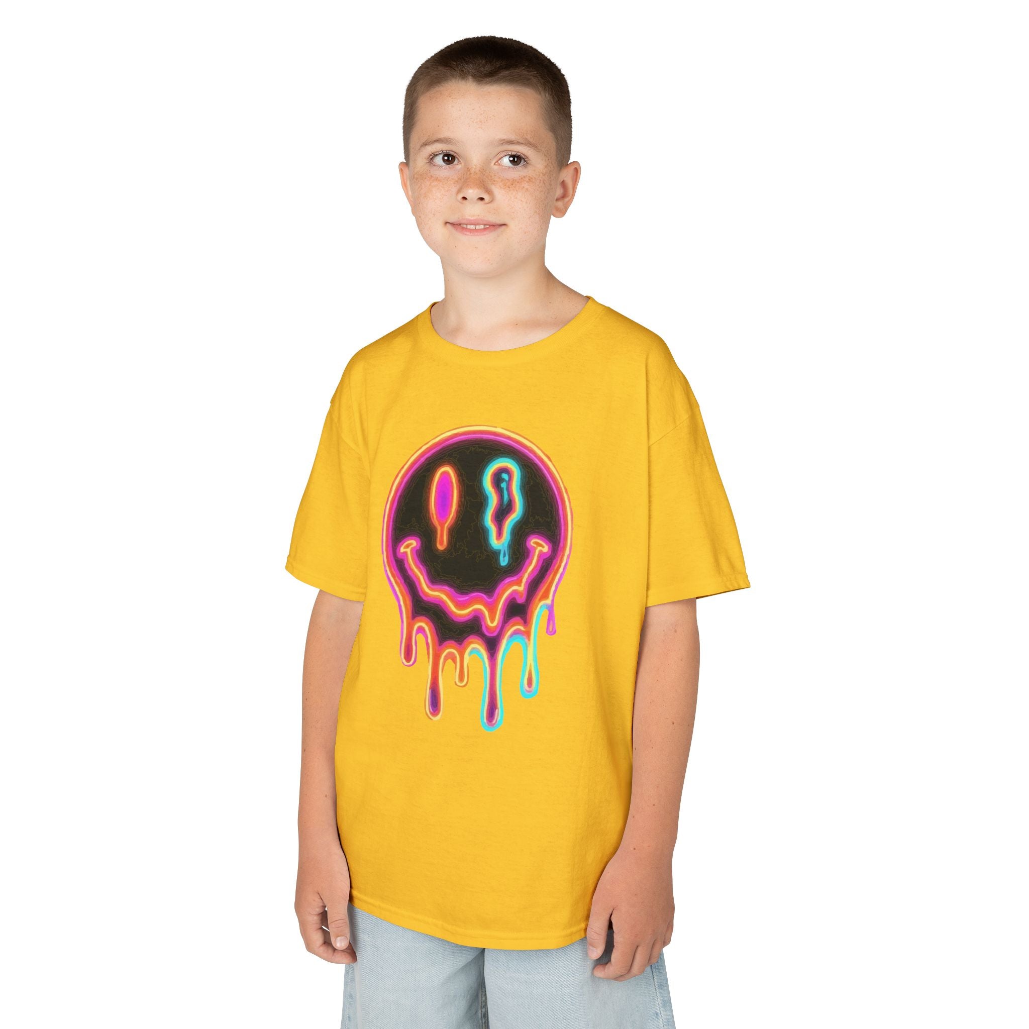 Kids Neon Drip Smiley T-Shirt — Colorful Melting Emoji Tee for Boys & Girls