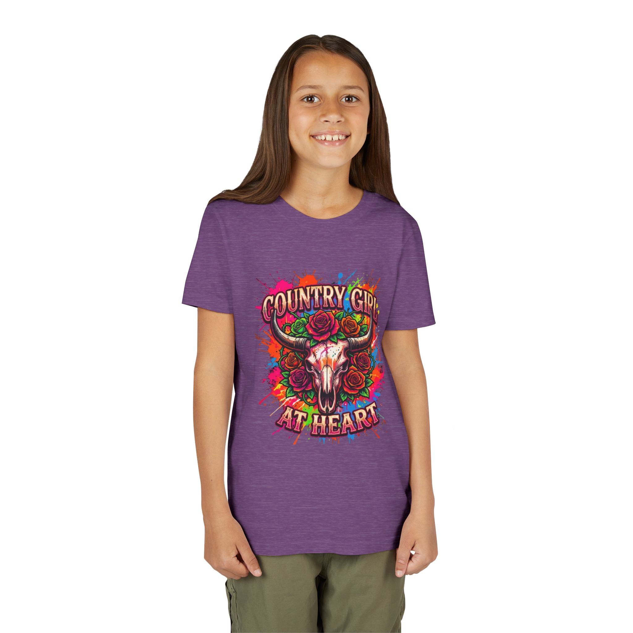 Youth Tee - "Country Girl at Heart" Colorful Bull Skull Graphic