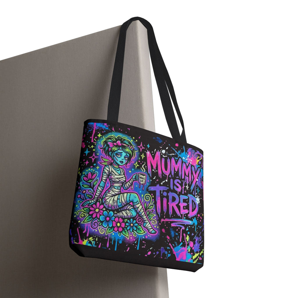Mummy Is Tired Tote Bag — Neon Halloween Mom Canvas Shopper