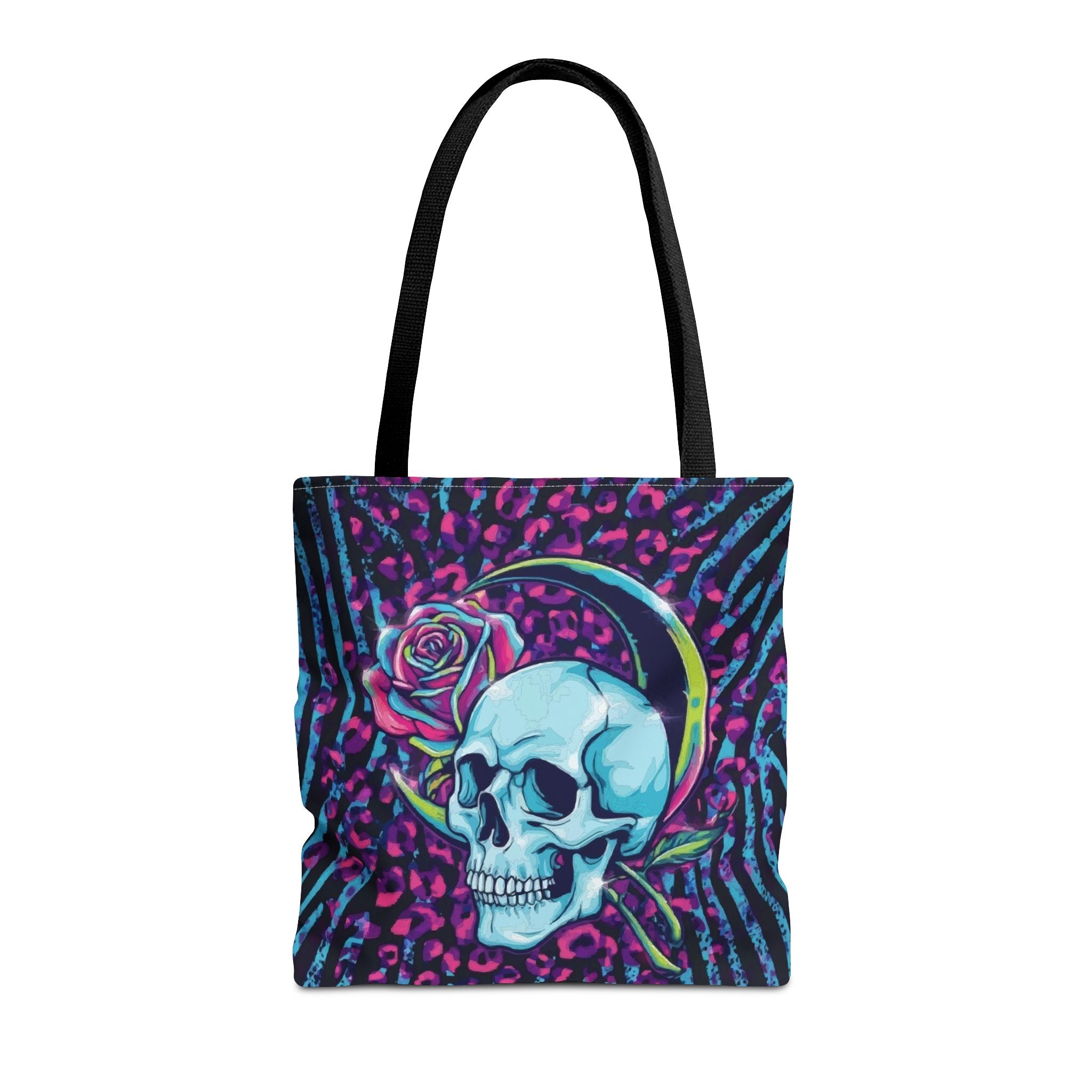 Skull & Rose Tote Bag — Neon Gothic Crescent Moon AOP Tote