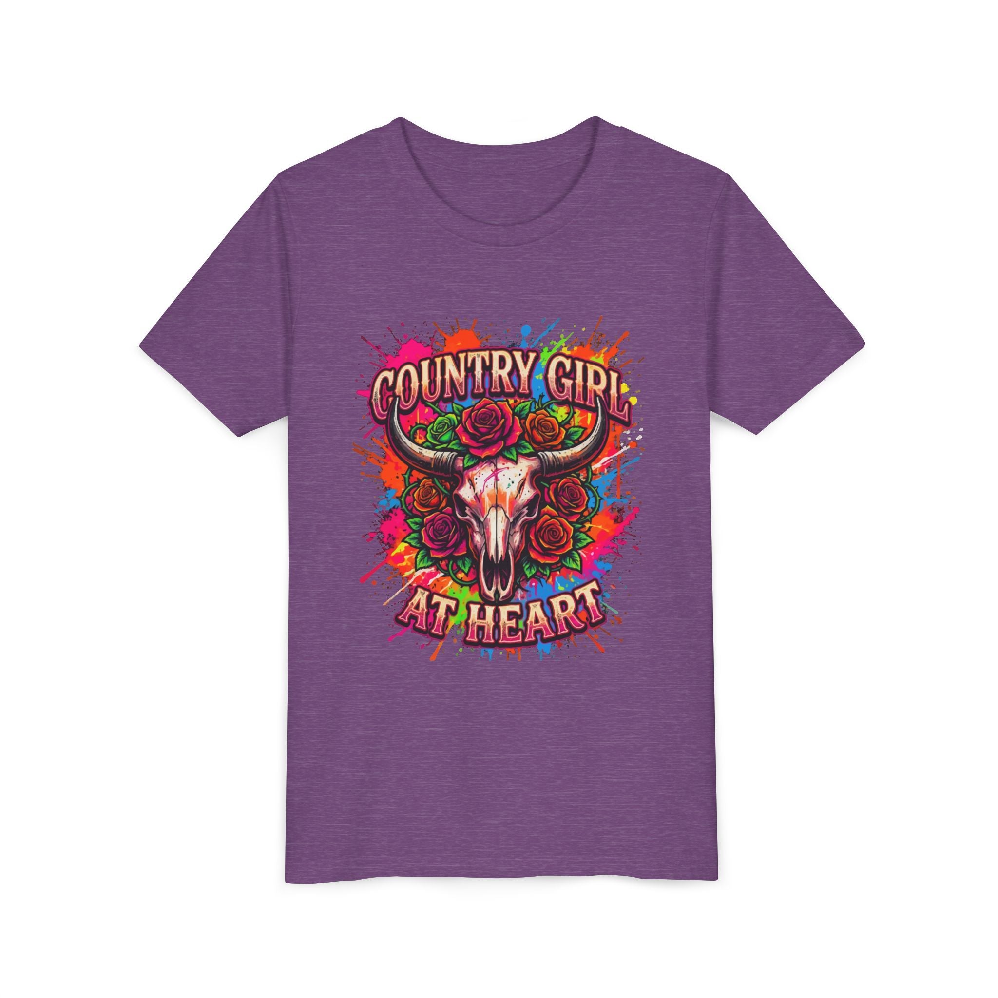 Youth Tee - "Country Girl at Heart" Colorful Bull Skull Graphic