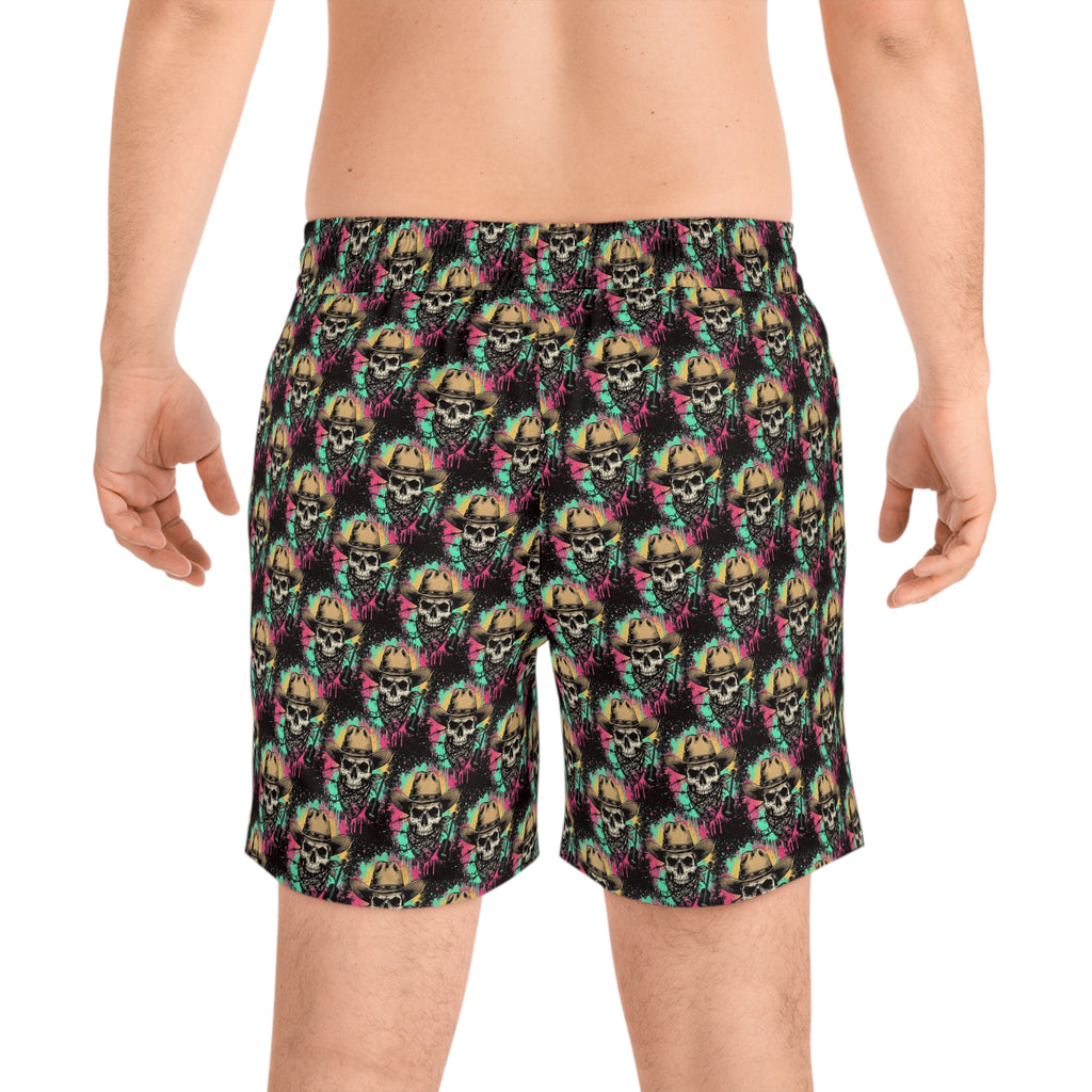 Skull Cowboy Swim Shorts — Neon Cowboy Skull Men's Mid-Length Beach Trunks