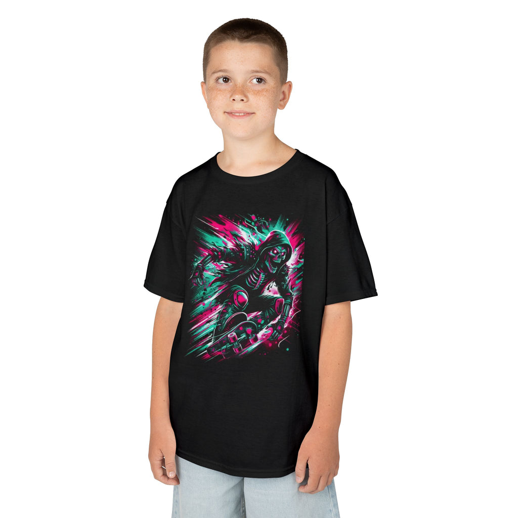 Kid’s Skater Skull T‑Shirt — Neon Retro Skateboard Graphic Tee