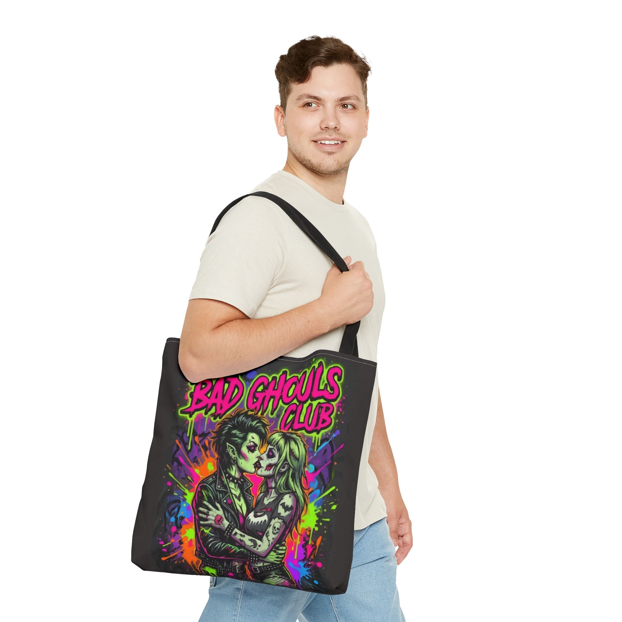 Bad Ghouls Club Tote Bag — Neon Goth Zombie Couple Graphic Tote