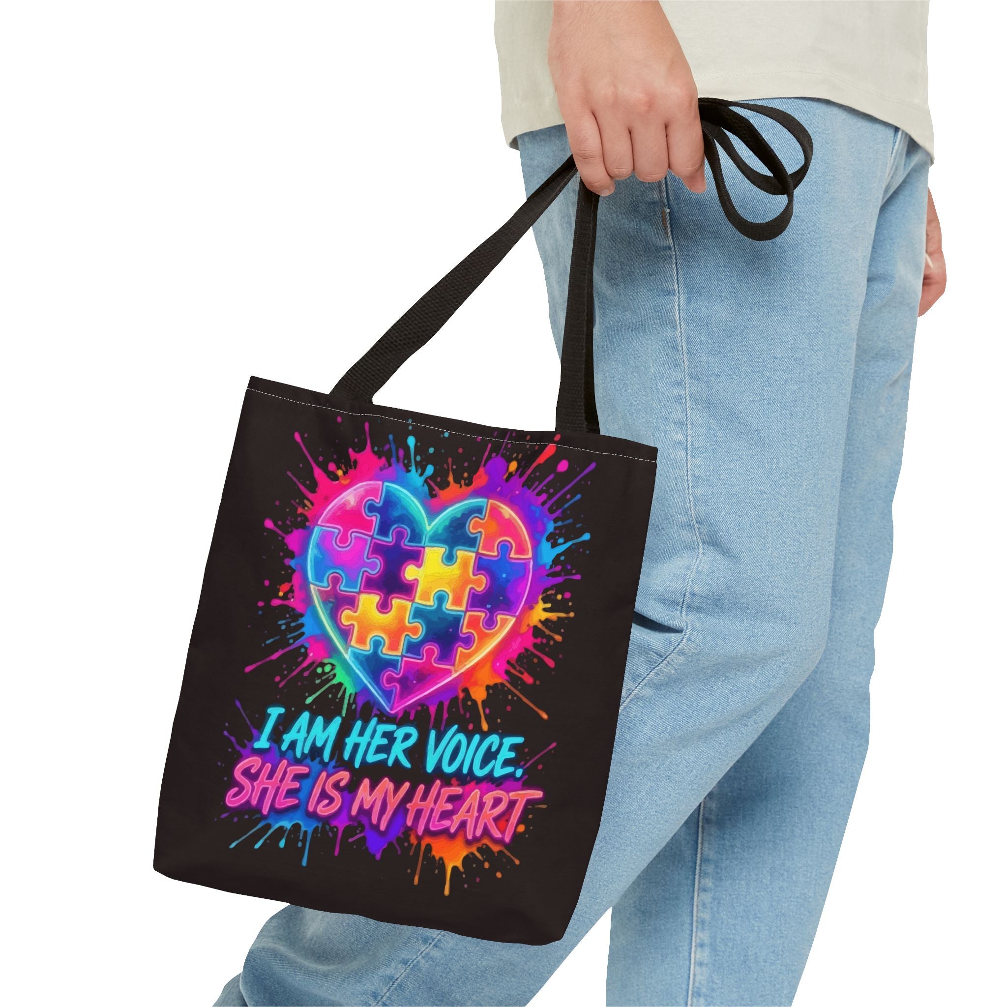 Autism Awareness Heart Tote Bag — "I Am Her Voice, She Is My Heart" Colorful Puzzle Design