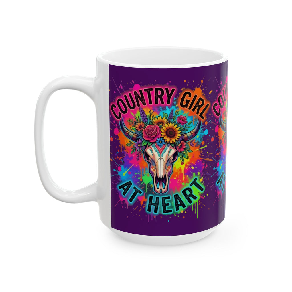 Country Girl At Heart Ceramic Mug — Colorful Floral Cow Skull Coffee Cup (11oz, 15oz)