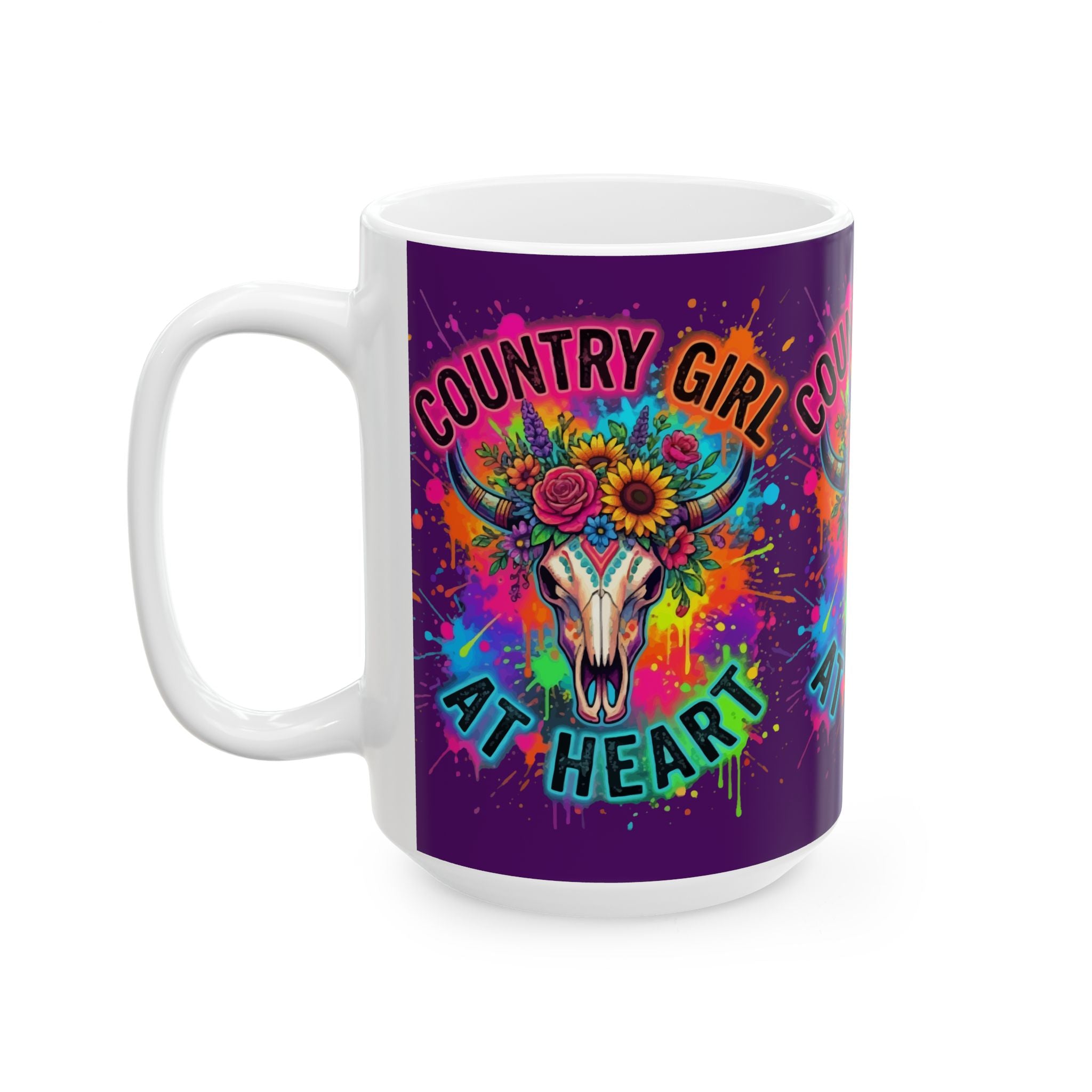 Country Girl At Heart Ceramic Mug — Colorful Floral Cow Skull Coffee Cup (11oz, 15oz)