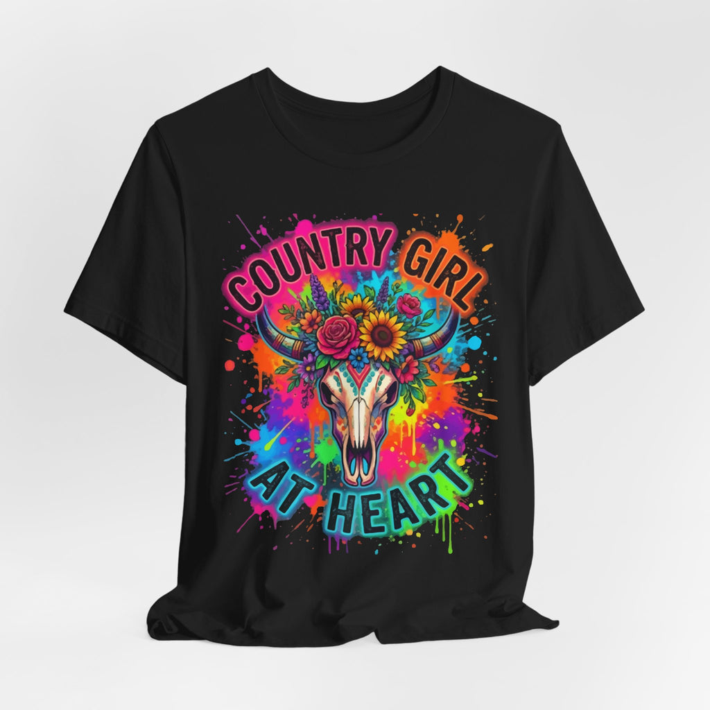 Country Girl At Heart Graphic Tee — Floral Cow Skull Colorful Western T-Shirt
