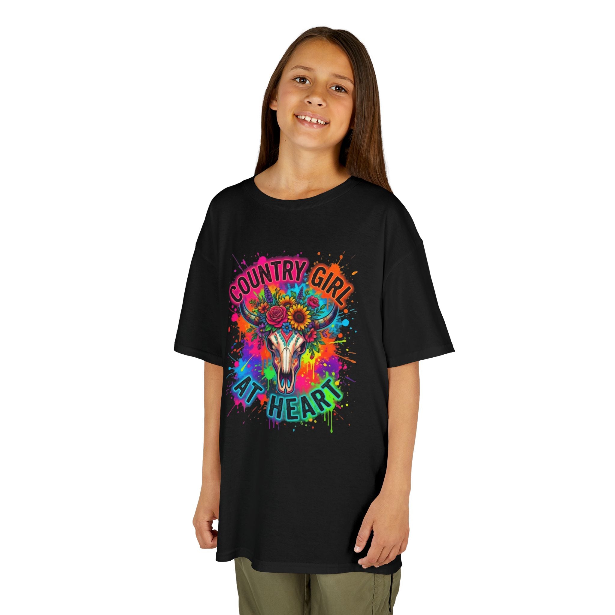 Kids T-Shirt - "Country Girl At Heart" Colorful Skull & Flowers Tee