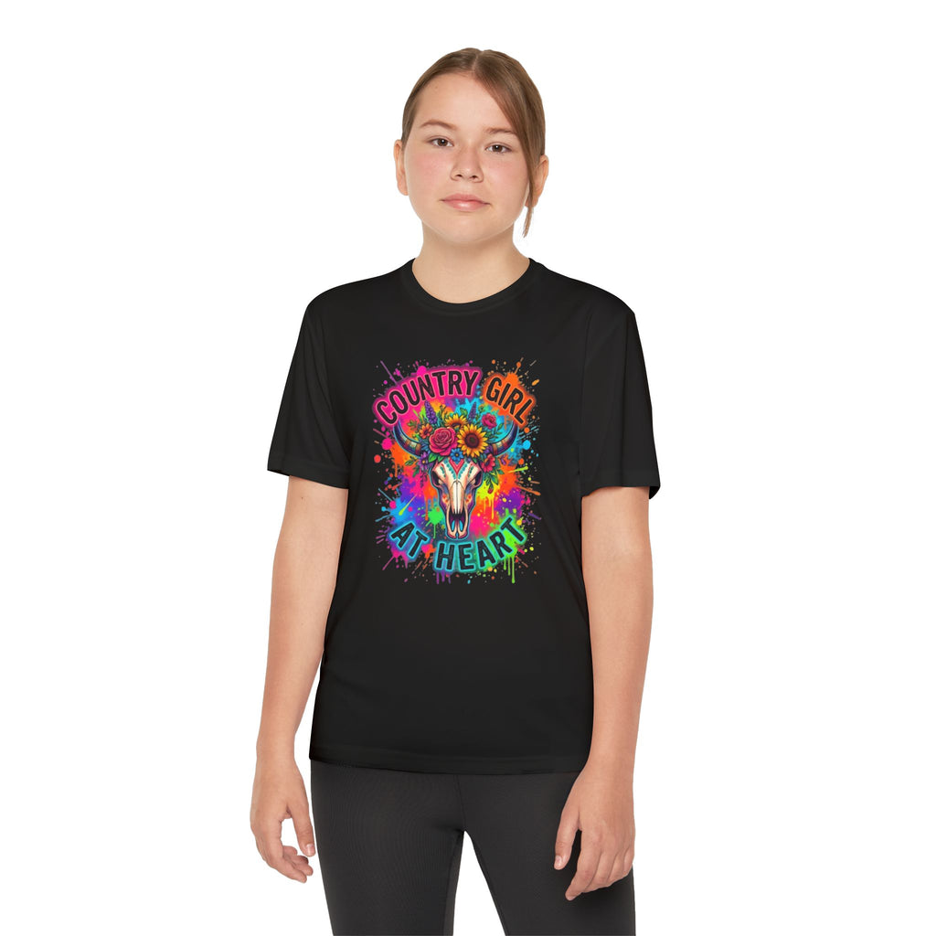 Country Girl at Heart Youth Tee — Colorful Floral Bull Skull Graphic