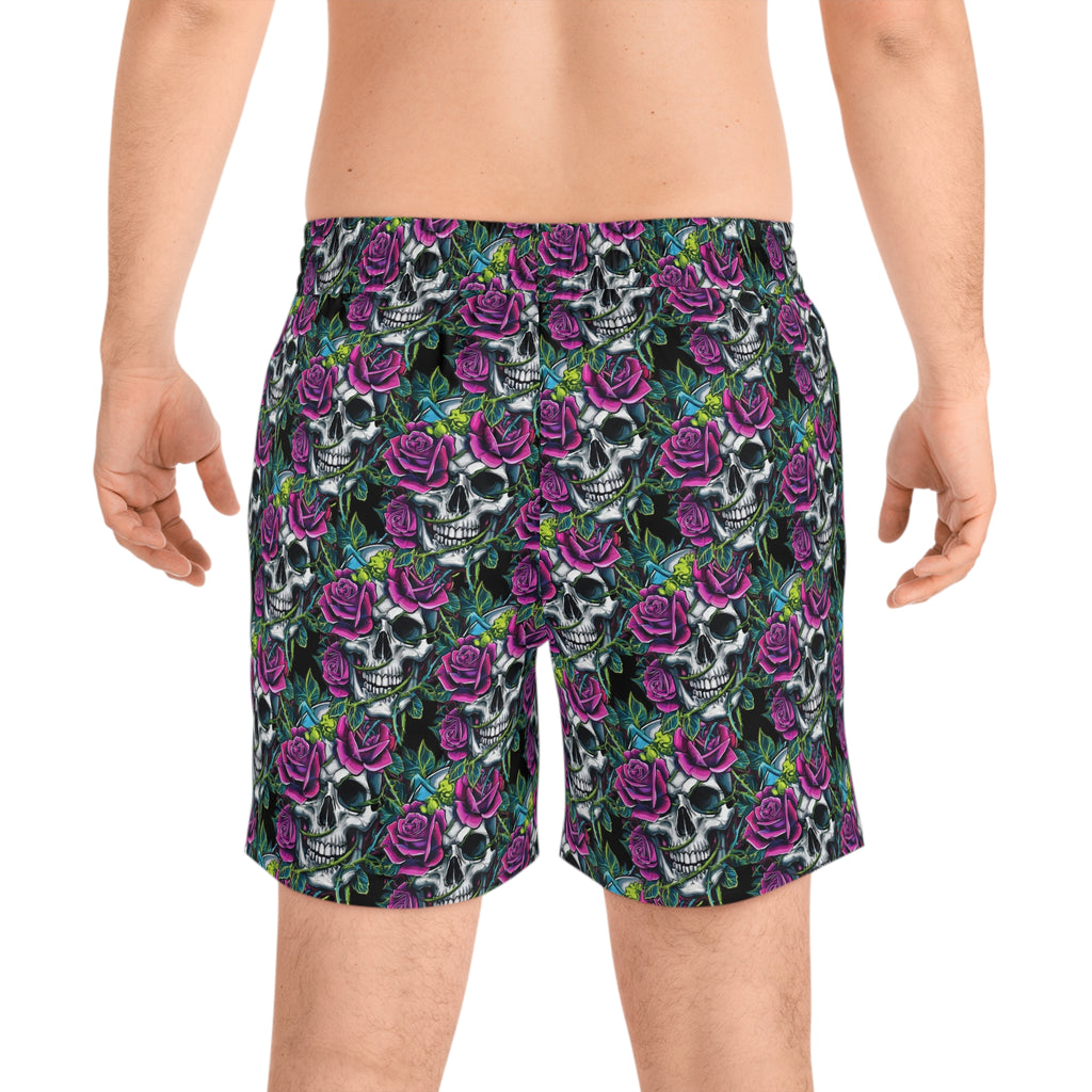 Men's Skull & Roses Swim Shorts — Purple Rose Skeleton Beach Trunks