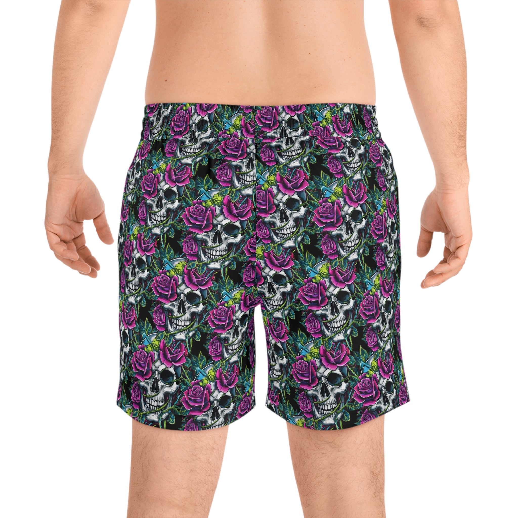 Men's Skull & Roses Swim Shorts — Purple Rose Skeleton Beach Trunks