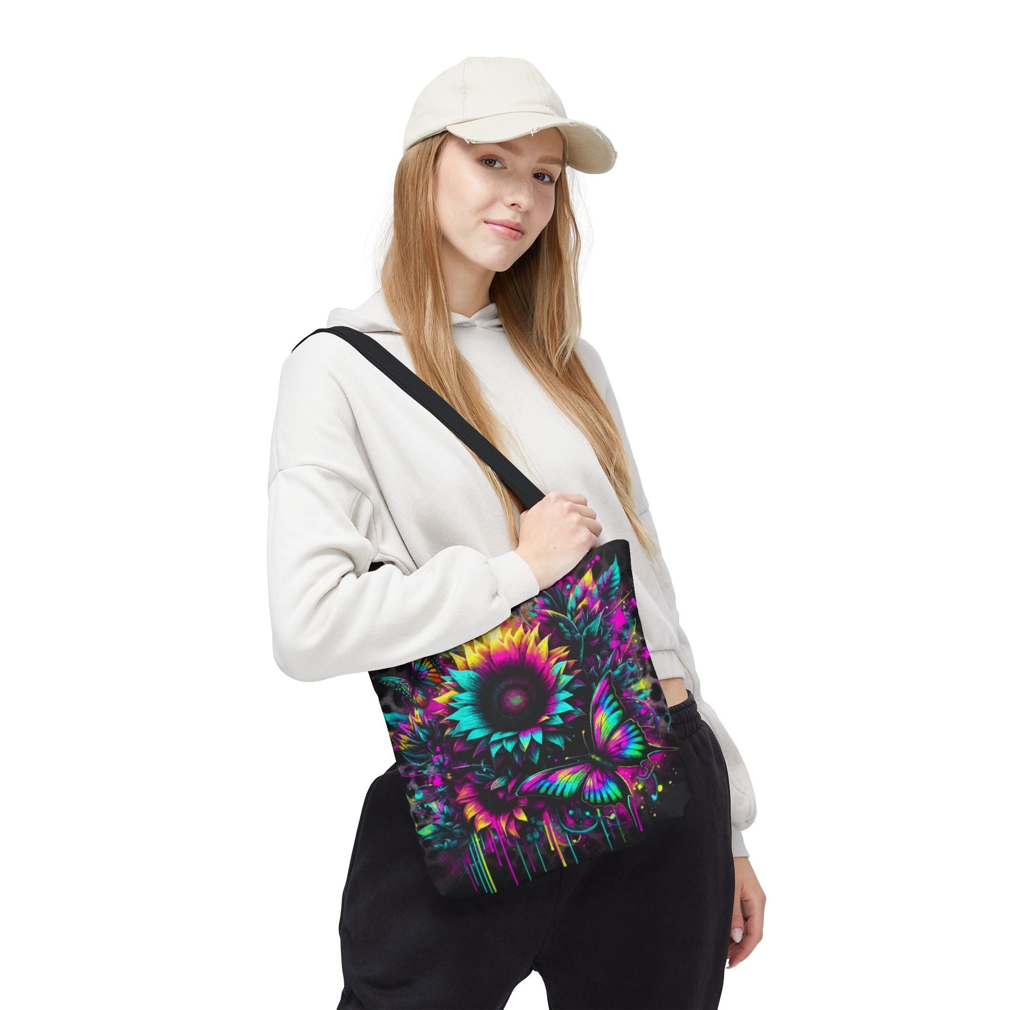 Sunflower & Butterfly Neon Tote Bag — Colorful Floral All-Over Print Tote