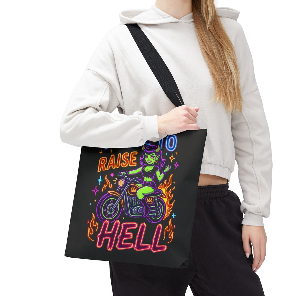 I Like to Raise Hell Motorcycle Tote Bag — Neon Biker Cat Graphic