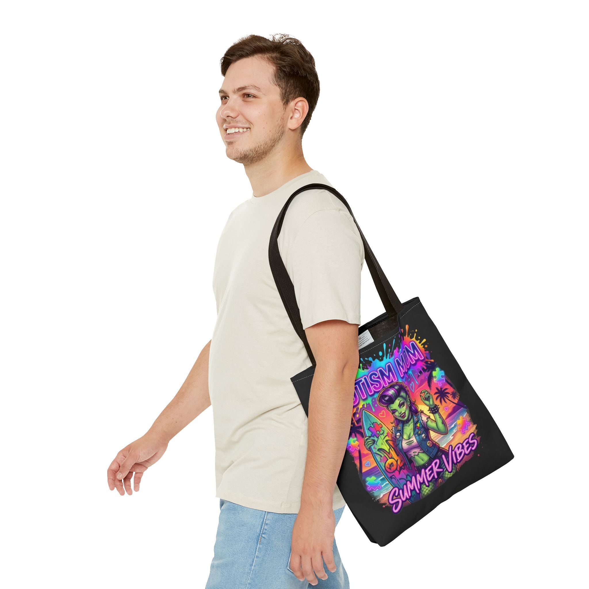 Autism Mom Summer Vibes Tote Bag — Colorful Supportive Beach Tote