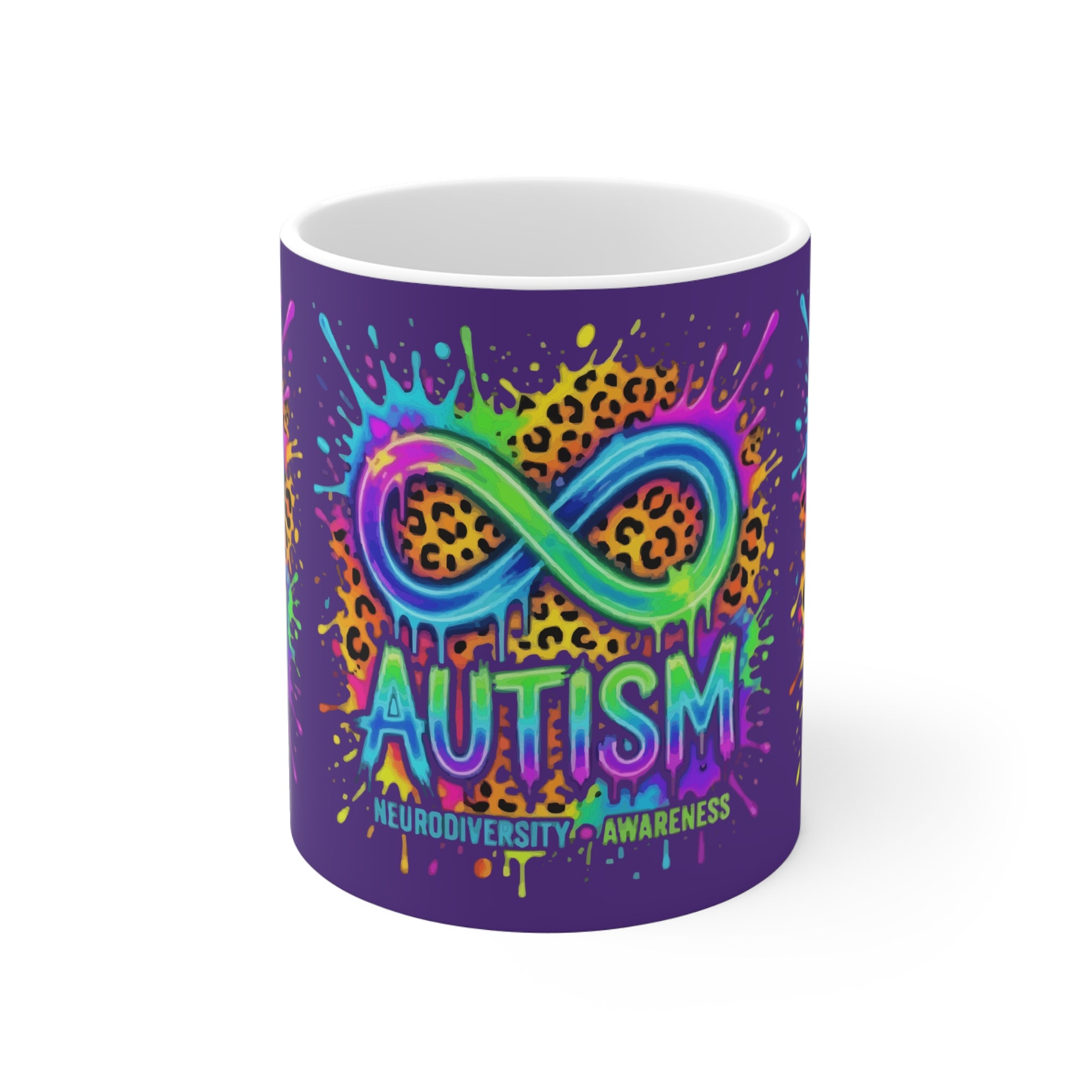 Autism Neurodiversity Awareness Mug — Rainbow Infinity Leopard Design (11oz)