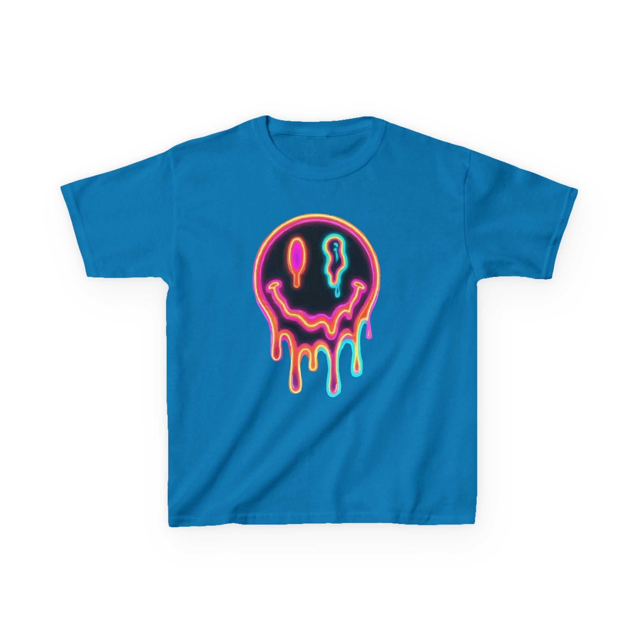 Kids Neon Drip Smiley T-Shirt — Colorful Melting Emoji Tee for Boys & Girls