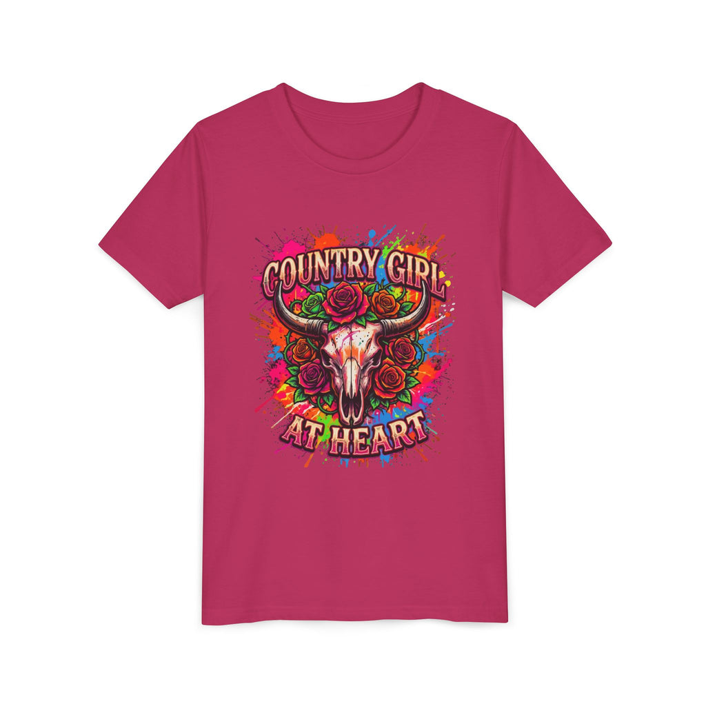 Youth Tee - "Country Girl at Heart" Colorful Bull Skull Graphic