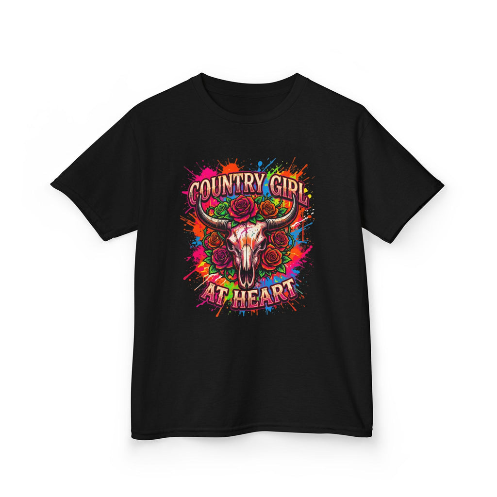 Kids T-Shirt — "Country Girl at Heart" Colorful Cow Skull Tee