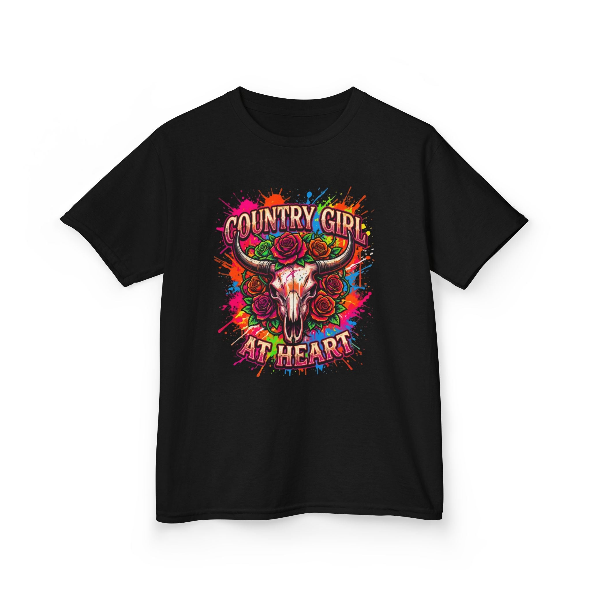 Kids T-Shirt — "Country Girl at Heart" Colorful Cow Skull Tee
