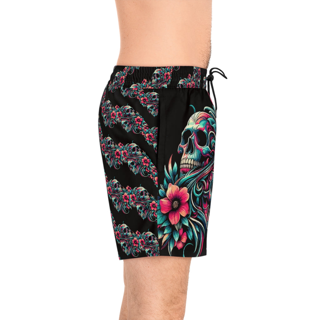 Skull & Hibiscus Swim Shorts — Men's Floral Skull Beach Trunks