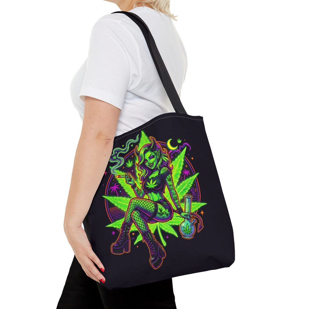 Psychedelic Witch Tote Bag — Neon Cannabis Pinup All-Over Print