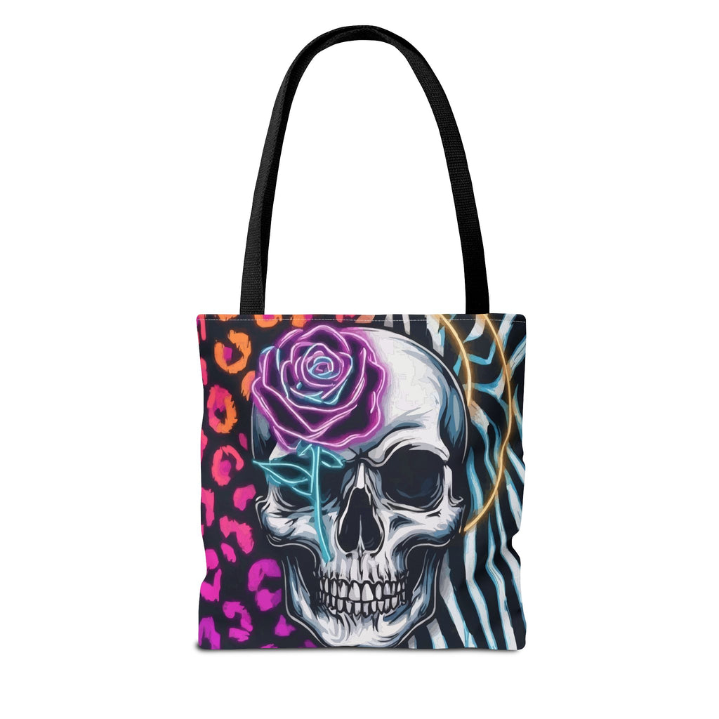 Skull & Rose Pattern Tote Bag — Neon Animal Print All-Over Tote