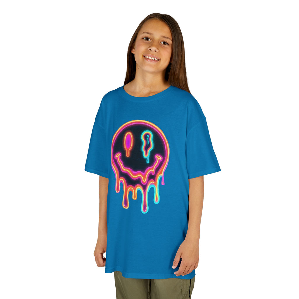 Kids Neon Drip Smiley T-Shirt — Colorful Melting Emoji Tee for Boys & Girls