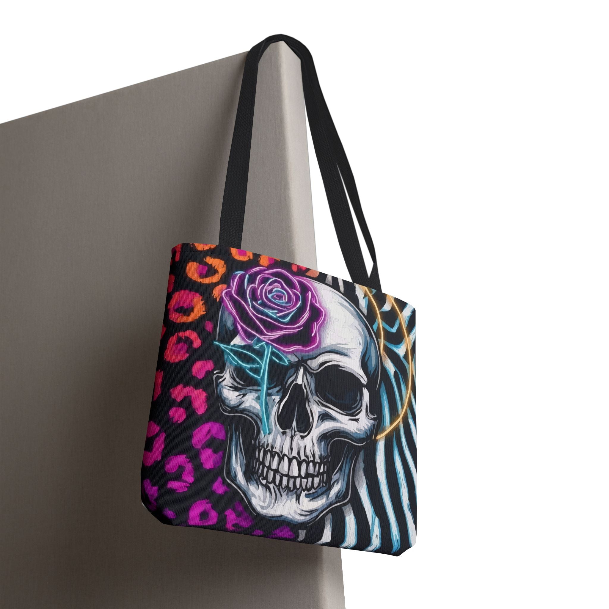 Skull & Rose Pattern Tote Bag — Neon Animal Print All-Over Tote