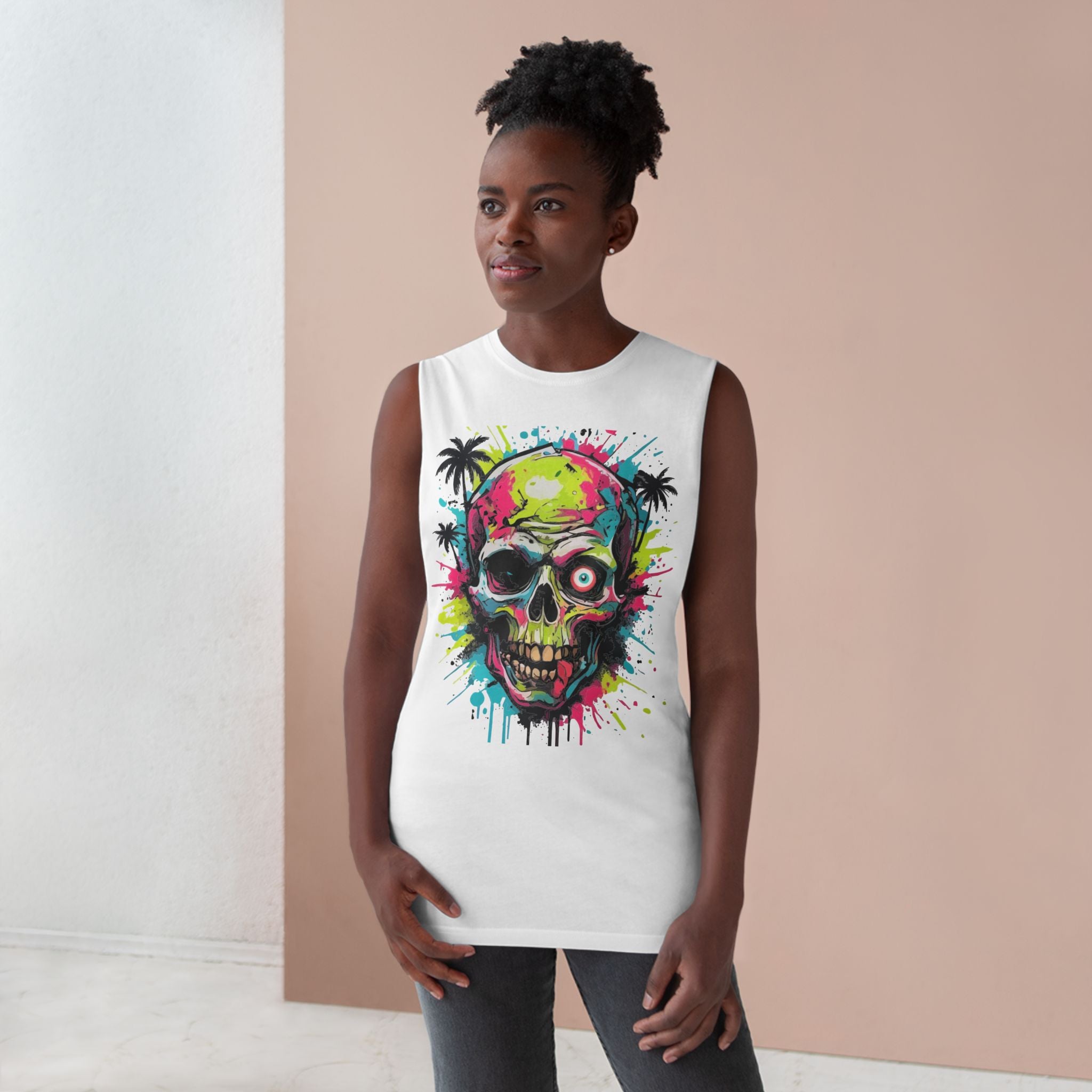 Neon Skull Tank Top — Tropical Skull Graphic Muscle Shirt