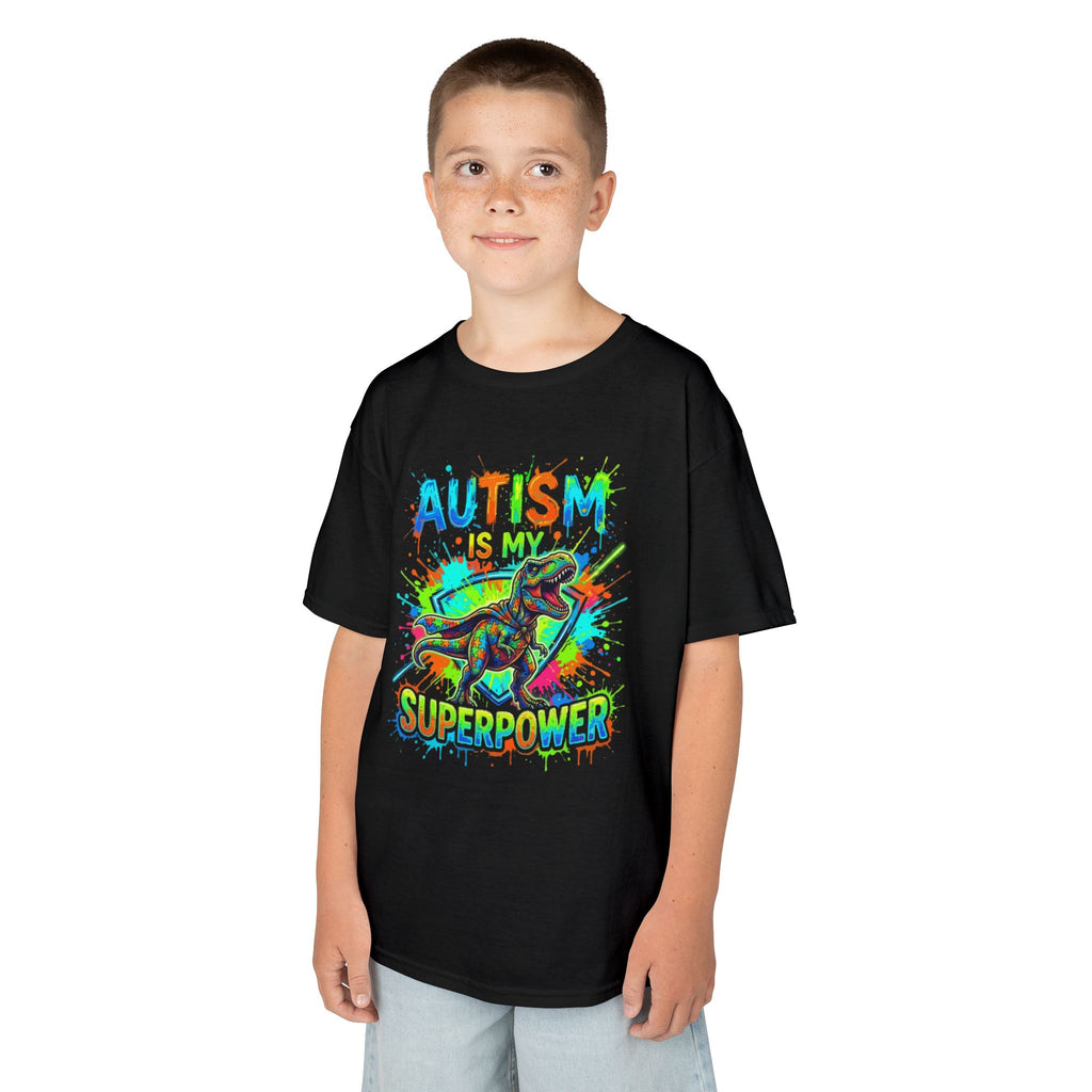 Kids Tee — 'Autism Is My Superpower' Colorful Dino Design