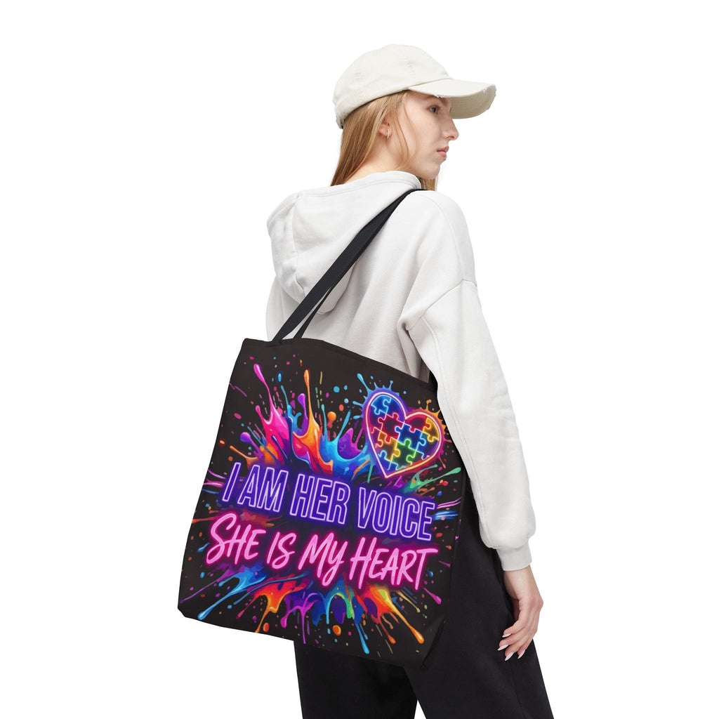 Autism Awareness Tote Bag - "I Am Her Voice, She Is My Heart" Colorful Puzzle Heart Carryall