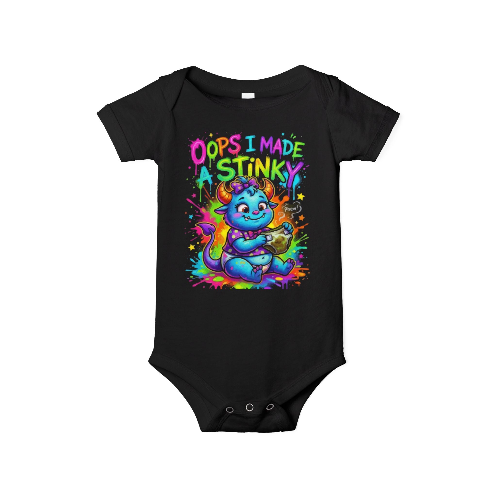 Infant One-Piece - "Oops I Made a Stinky" Colorful Monster Baby Bodysuit