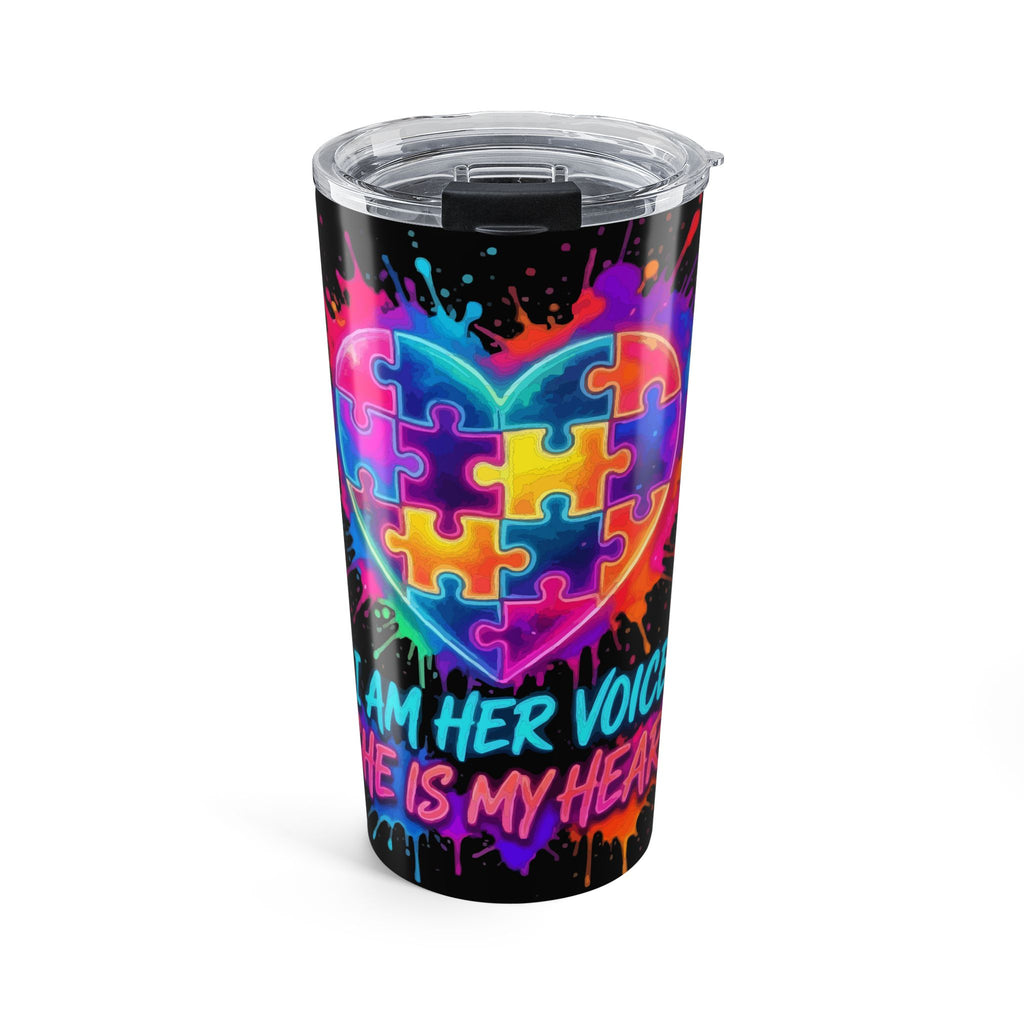 Autism Puzzle Heart 20oz Tumbler - "I Am Her Voice, She Is My Heart" Neon Travel Mug