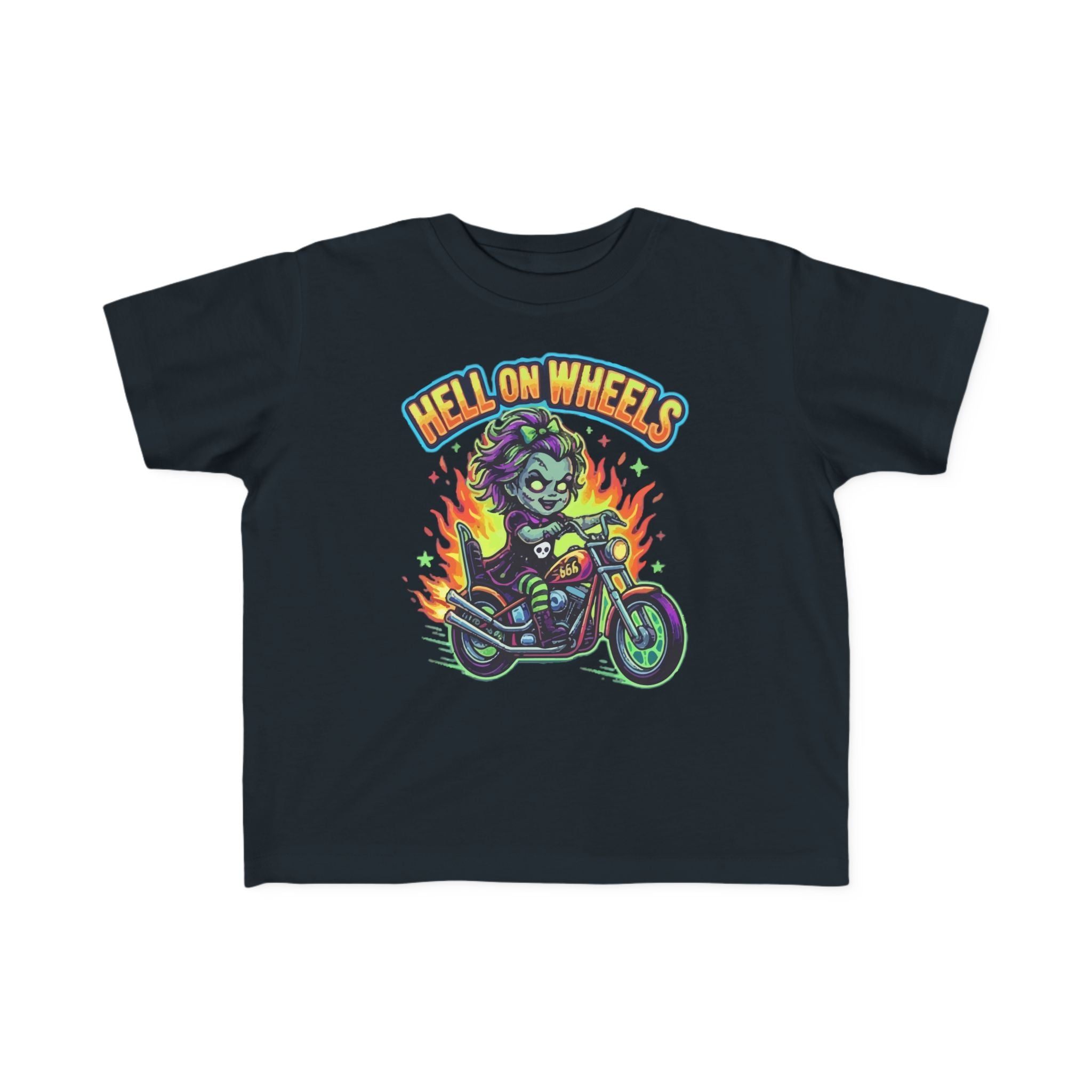 Toddler Tee — "Hell on Wheels" Flaming Motorcycle Zombie Design