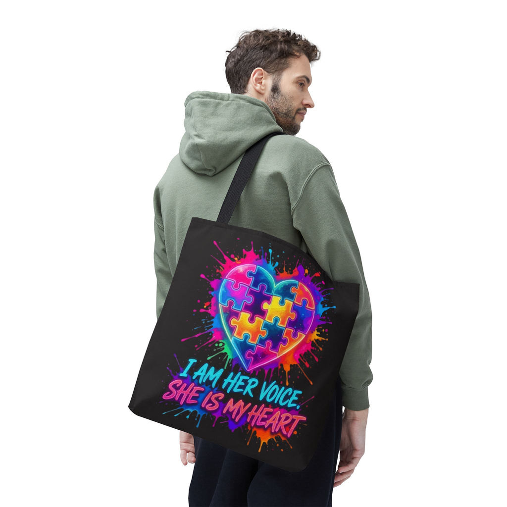 Autism Awareness Heart Tote Bag — "I Am Her Voice, She Is My Heart" Colorful Puzzle Design
